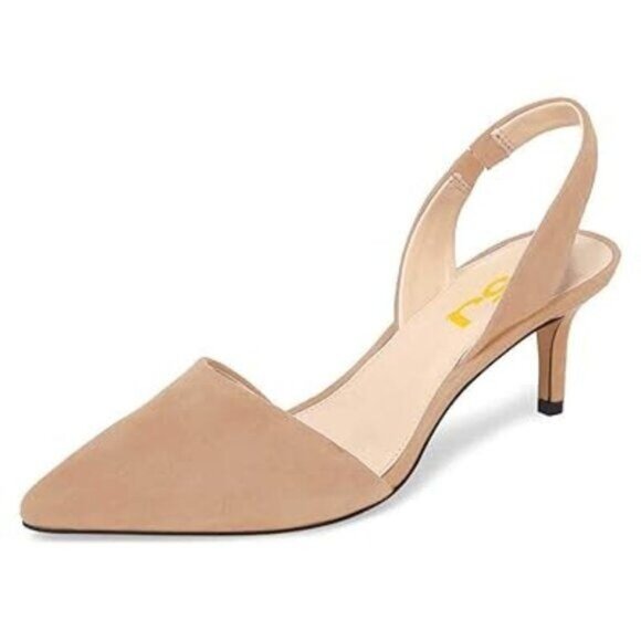 FSJ Women Fashion Low Kitten Heels Pumps Pointed Toe Slingback Sandals Comfy - Picture 1 of 8